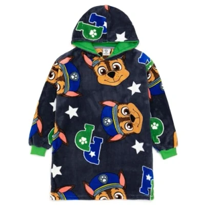 Image of Paw Patrol Boys Blanket Hoodie Kids Chase Oversized Grey Hooded Fleece Loungewear Police Dog Rescue Pup Cartoon All Over Print Sleepwear Costume Merchandise Gift for Children