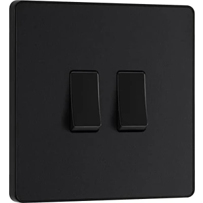 Image of BG Electrical Double Wall Light Switch, 2 Way, Screwless Front Plate, Round Edges, Evolve, Matt Black, 20A, 16AX, PCDMB42B