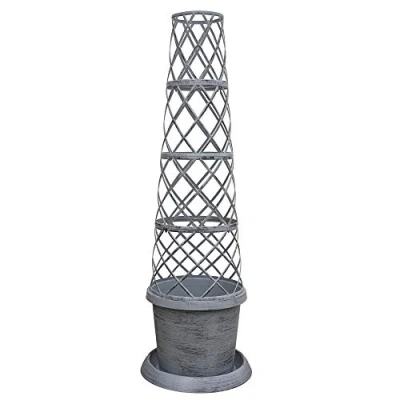 Image of Flower Tower Pot Modern Grey Plant Design with Pot, Saucer and Frame Perfect for Climbing Plants, 10 x in