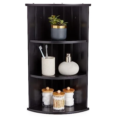Image of VonHaus Corner Shelf Unit Black 3 Tier Bathroom Shelving Freestanding or Wall Mounted Display Shelves &amp; Decor Stand Tongue Groove Modern Storage for Bathroom, Living Room, Kitchen, Hallway