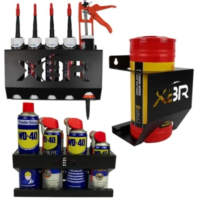 Image of Van Garage Organisation Kit for Caulk and Caulking Gun, WD40 Spray Bottles Round Cylinder Wipes Wonderwipe Holder Brackets