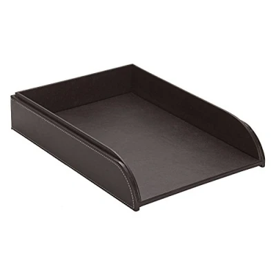 Image of OSCO Brown Faux Leather Letter Tray A4 Easily Stackable Desk File Organiser Paper Storage Office Document Sorter Paperwork Filing No Risers Required H6.3 x W24.5 D 33.0 cm