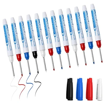 Image of Pilikoll 12 Pcs Deep Hole Marker Pens Long Head Carpenters pen Permanent Tip for Architect Construction Marking(Black Blue Red White, 30cm)
