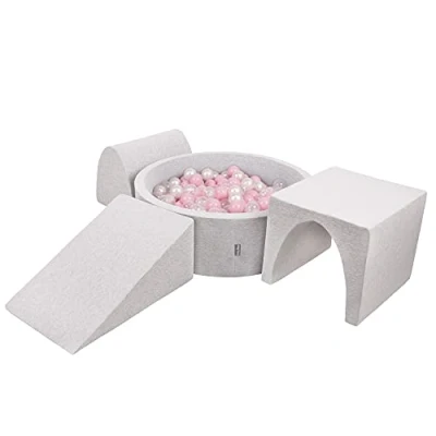 Image of KiddyMoon Foam Playground For Kids With Round Ballpit (200 Balls) Obstacle Course, Lightgrey:Powderpink/Pearl/Transparent