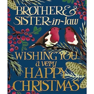 Image of Woodmansterne Brother and Sister in Law Christmas Card Robins on Pine Branches with Foil Embossed Finish Emma Bridgewater Design Eco Friendly Recyclable