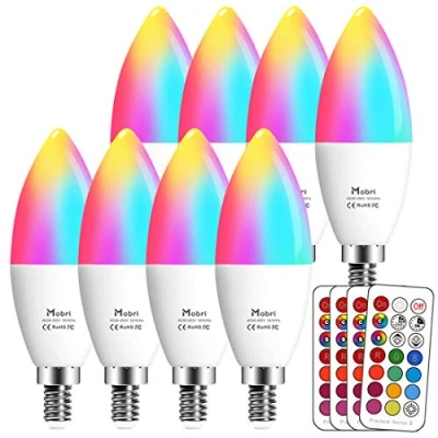 Image of Mobri E14 Candle LED Light Bulbs, 5W Colour Changing with Remote Control, 40W Equivalent Small Edison Screw, RGB+Warm White (2700K), 8 Pack