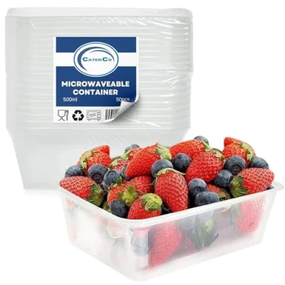 Image of CaterCo Clear Rectangular Plastic Food Containers With Lids Reusable, Microwave &amp; Freezer Safe, Airtight, Recyclable, BPA Free, Stackable Container for Meal Prep Set of 50 1000ml