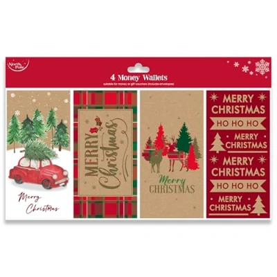 Image of Eurowrap North Pole Christmas Xmas Money Cash Gift Wallets &amp; Envelopes, Kraft Pack of 4 (X34256MWX)