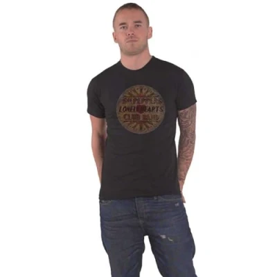 Image of The Beatles T Shirt Vintage Drum Head SGT Pepper Logo Official Mens Black L
