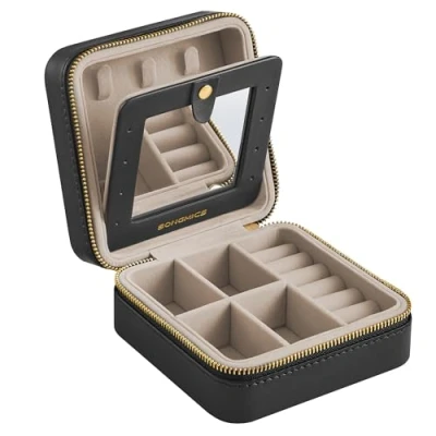 Image of SONGMICS Jewellery Box, 11.4 x 5.5 cm Travel Box with Interior Mirror, PU Leather Storage for Women, Small Organiser, Portable, Gift Idea, Ink Black JBC146BKV1