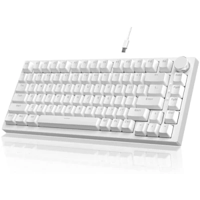 Image of YINDIAO AK820 Mechanical Keyboard with CNC Knob Control,75% ANSI Layout,81Keys Gasket Mount Wired Gaming Keyboard,5 Sound Absorbing Foam,Hot swap Blue Switch,Blue Backlit,for PC,MAC (White)