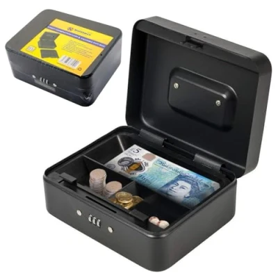 Image of 3 Digit Combination Lock Safe Box Black Petty Cash Tin, Money Keyless DIY Valuables For Home, Office, Business, Money, Jewellery Portable Security, With Coin Tray &amp; Multi Compartment