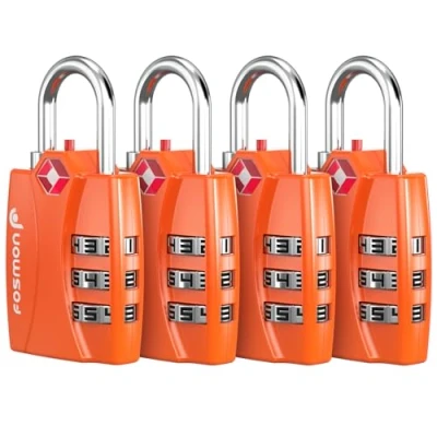 Image of Fosmon TSA Accepted Luggage Locks (4 Pack), Open Alert Indicator 3 Digit Combination Padlock Codes with Zinc Alloy Body for Travel Bag, Suit Case, Lockers, Gym, Bike (Orange)…