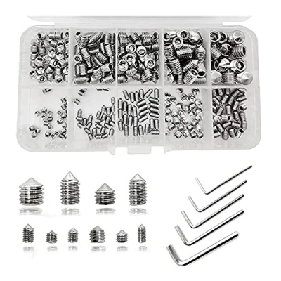 Image of 290 Pcs Cone Point Grub Screws Mixed, Assorted Stainless Steel Metric Threads Socket Screws, M3 M4 M5 M6 M8 Assortment with 5 Allen Key