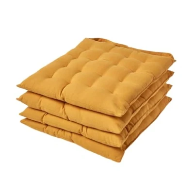 Image of HOMESCAPES Mustard Yellow Seat Pads for Dining Chair, Set of 4 100% Cotton Chair with Straps, 40x40 cm