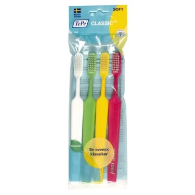 Image of TePe Classic Toothbrush, Soft, Assorted Colours, 4 pcs, Soft Bristle Toothbrush with a Rectangular Brush Head, for Adults