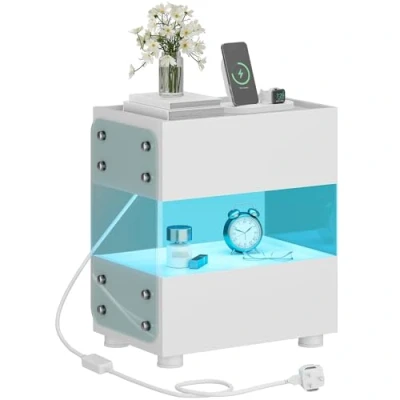 Image of YITAHOME Bedside Table, Side Coffee Table with 2 Drawer, 7 Color LED Light Strip, Modern Accent Cabinet Nightstand Frosted Tempered Glass for Bedroom Living Room, White