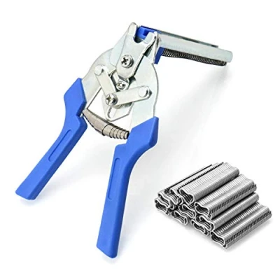 Image of QWORK Clamp Hog Ring Pliers, Rapid Fence Plier with 600pcs M Clips, Installation Repair Hand Tools for Animal Pet Cages, Fencing
