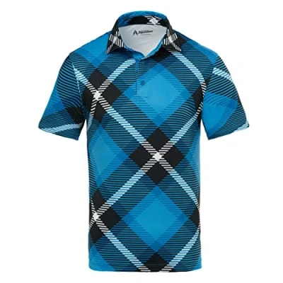 Image of Royal &amp; Awesome Big Blue Tartan Golf Polo Shirts for Men, Tops Men&#039;s Shirts, Mens