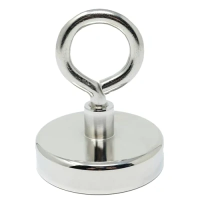 Image of Neodymium Machine Lathed Clamping Magnet with M10 Eyebolt for Holding, Hanging and Displaying Items 75mm dia 200kg Pull Pack of 1