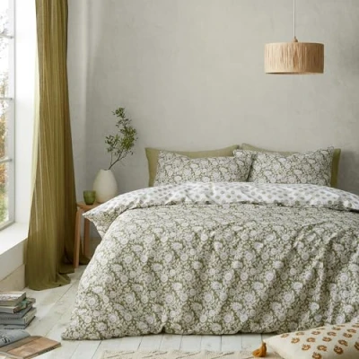 Image of Pineapple Elephant Tangier Floral Reversible Double Duvet Cover Set with Pillowcases Olive Green