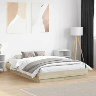 Image of vidaXL Double Bed Frame Engineered Wood Home Base in Sonoma Oak, 135x190 cm with Plywood Slats and Stable Wooden