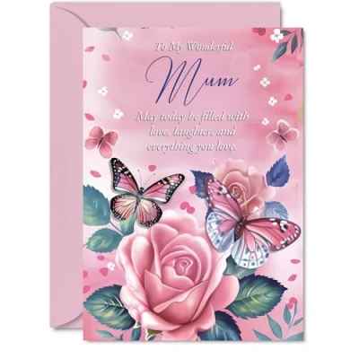 Image of Mum Birthday Card Pink Rose Butterfly Beautiful Happy for from Daughter Son, A5 Female Floral Bday Mothers Day Greeting Cards