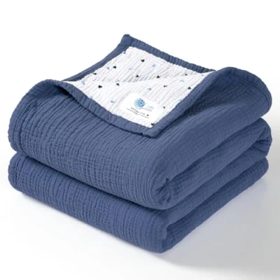 Image of Lulu moon Muslin Baby Blanket Cotton Quilts for Toddlers Reversible Cot Babies, Boys and Girls, 120 x cm (Blue)