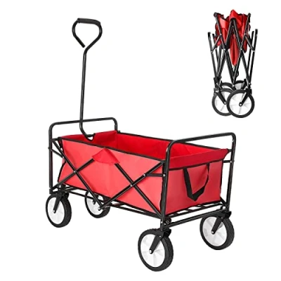 Image of Trintion Folding Camping Wagon Collapsible Garden Cart Heavy Duty Beach Trolley with Side Pocket Picnic Shopping Wagons (Red)
