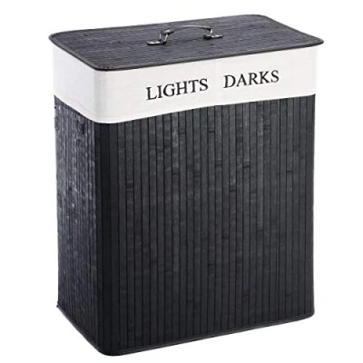 Image of Bamboo Laundry basket 100L Collapsible with 2 Compartments Hamper Removable Lining Large Bins Lid Storage (Black)