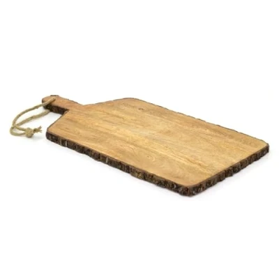 Image of Rustic Bark Chopping Board Mango Wood Rectangular Paddle Cutting Traditional Wooden Kitchen 50x25cm