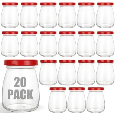 Image of CYEER 20 Pack Small Glass Jars with Lids 100ml, Shot Bottles Lids, Mini Canister Containers Milk Cups, Pudding Pots, Yogurt Pots for Making, Pudding, Milk, Jelly