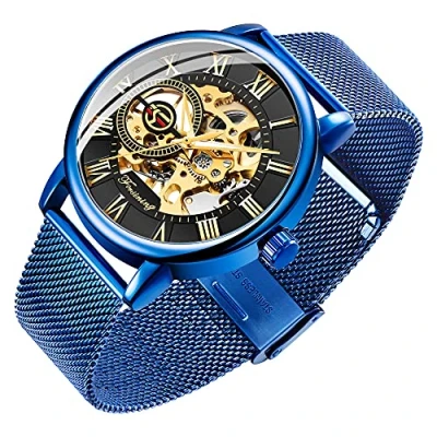 Image of Dentily Men&#039;s Skeleton Watch Classic Roman Numeral Steampunk Mechanical Hand Wind Mens Watches (Blue), blue&amp;black,