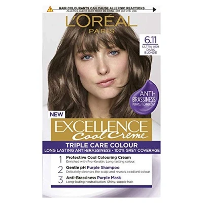 Image of L&#039;Oréal Paris Excellence Cool Crème Permanent Hair Dye, Radiant At Home Colour with Up to 100% Grey Coverage, Pro Keratin, 8 Weeks of Colour, Pack 3, Colour: 6.11 Ultra Ash Dark Blond