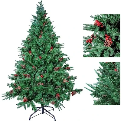 Image of 6FT/1.8M Christmas Tree with Pine Cones and Berries, PVC Artificial Metal Stand, Xmas Decoration for Indoor Outdoor, Green