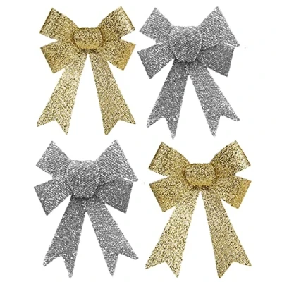 Image of AKH® Christmas Tinsel Bow Pack of 4 Large Glitter Bows Xmas Decorative Sparkling For Tree, Wreaths, Garland Decorations Hanging Ornaments (Silver and Gold)