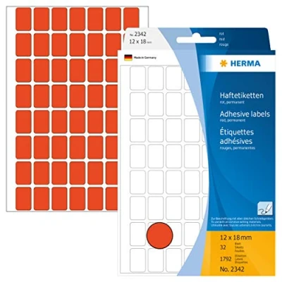 Image of HERMA Multi Purpose Labels, 56 Labels per Sheet, 32 Sheets, 12 x 18 mm, 1792 Self Adhesive Mini Stickers, Blank Sticky for Office Kitchen Home, Red