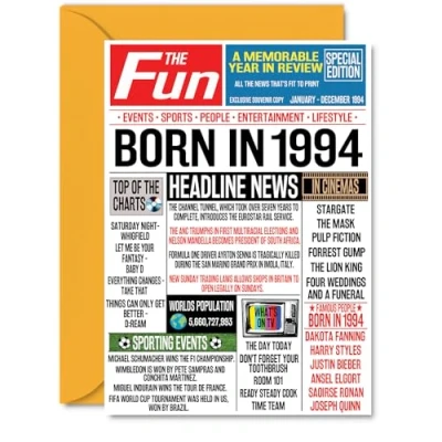 Image of 30th Birthday Cards for Women Men Born In 1994 Newspaper Happy 30 Card Sister Brother Friend Vintage Retro Back 1994, A5 Thirty Thirtieth Bday Greeting
