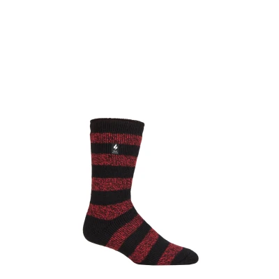 Image of Mens 1 Pair SOCKSHOP Heat Holders 2.3 TOG Patterned and Plain Thermal Socks Palermo Chunky Stripe Black / Red 6 11