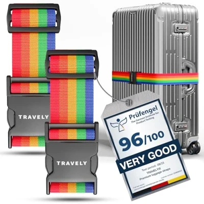 Image of Travely® Premium Luggage Strap Especially Eye catching and Safe Includes 2 Name Tags Ideal Over Cross [Set of 2] Rainbow
