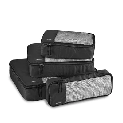 Image of Amazon Basics Packing Cubes for Suitcases, Travel Organisers, Zipper, 4 Piece Set Bags, Large/Medium/Small/Slim, Black