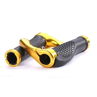 Image of VOANZO Bicycle Handlebar Grips, Ergonomic Design Rubber MTB Mountain Bike Grips With Bar Ends Horns, Comfortable Protector (Black+Gold)