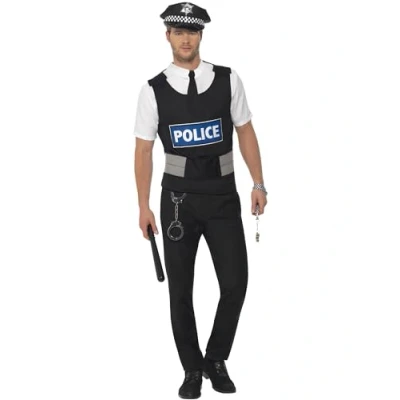 Image of Smiffys Policeman Instant Kit, Black with Vest, Mock Shirt, Hat and Handcuffs, Cops &amp; Robbers Fancy Dress, Dress Up Costumes
