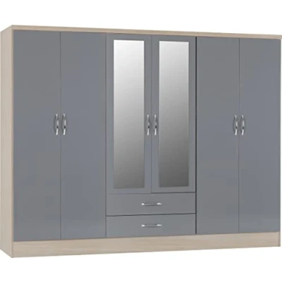 Image of Seconique Nevada 6 Door 2 Drawer Wardrobe in Grey Gloss/Light Oak Effect Veneer