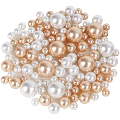 Image of Belle Vous Round Artificial Pearls (120 Pack) 3 Sizes, Smooth Plastic White &amp; Gold Beads Decorative Gems for Weddings/Party Table Scatter, or Centrepiece Floating Vase Filler Stones