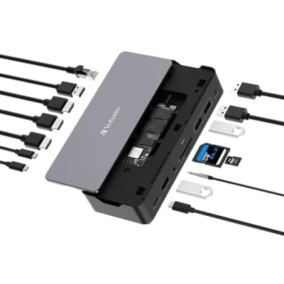 Image of Verbatim USB C Pro Docking Station, 15 in 1 Hub with Integrated SSD, Multiport Adapter to HDMI 4K and 8K, A C, PD 80W, AUX, Card Reader, for Mac/Windows Laptop Co