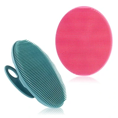 Image of Soft Silicone Body Cleansing Brush Shower Scrubber, Gentle Exfoliating and Massage for All Kinds of Skin (Pink+Dark Green)
