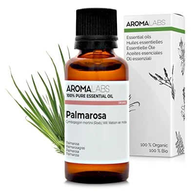 Image of Aroma Labs Olio Essenziale di Palmarosa Certificato Biologico Ecocert 100% Puro, Naturale, Integrale Chemiotipo e Composizione Biochimica Garantiti Ecopackaging Made in France 30ml