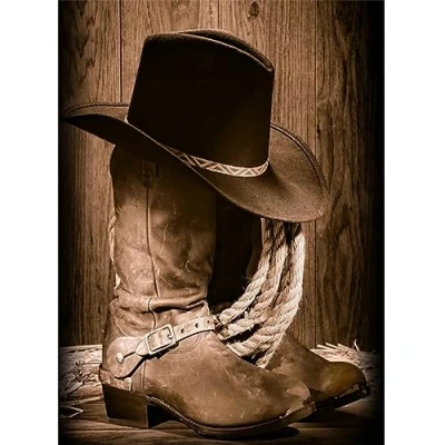Image of Diamond Painting Art Kits Cowboy Hat Shoes 5D for Adults,DIY Round Full Drill Embroidery Paintings Pasted Pictures Arts Crafts Home Wall Decor(25x35cm/10x12inch)