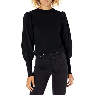 Image of The Drop Women&#039;s Vivienne Padded Shoulder Balloon Sleeve Crewneck Sweater, Black, XXS